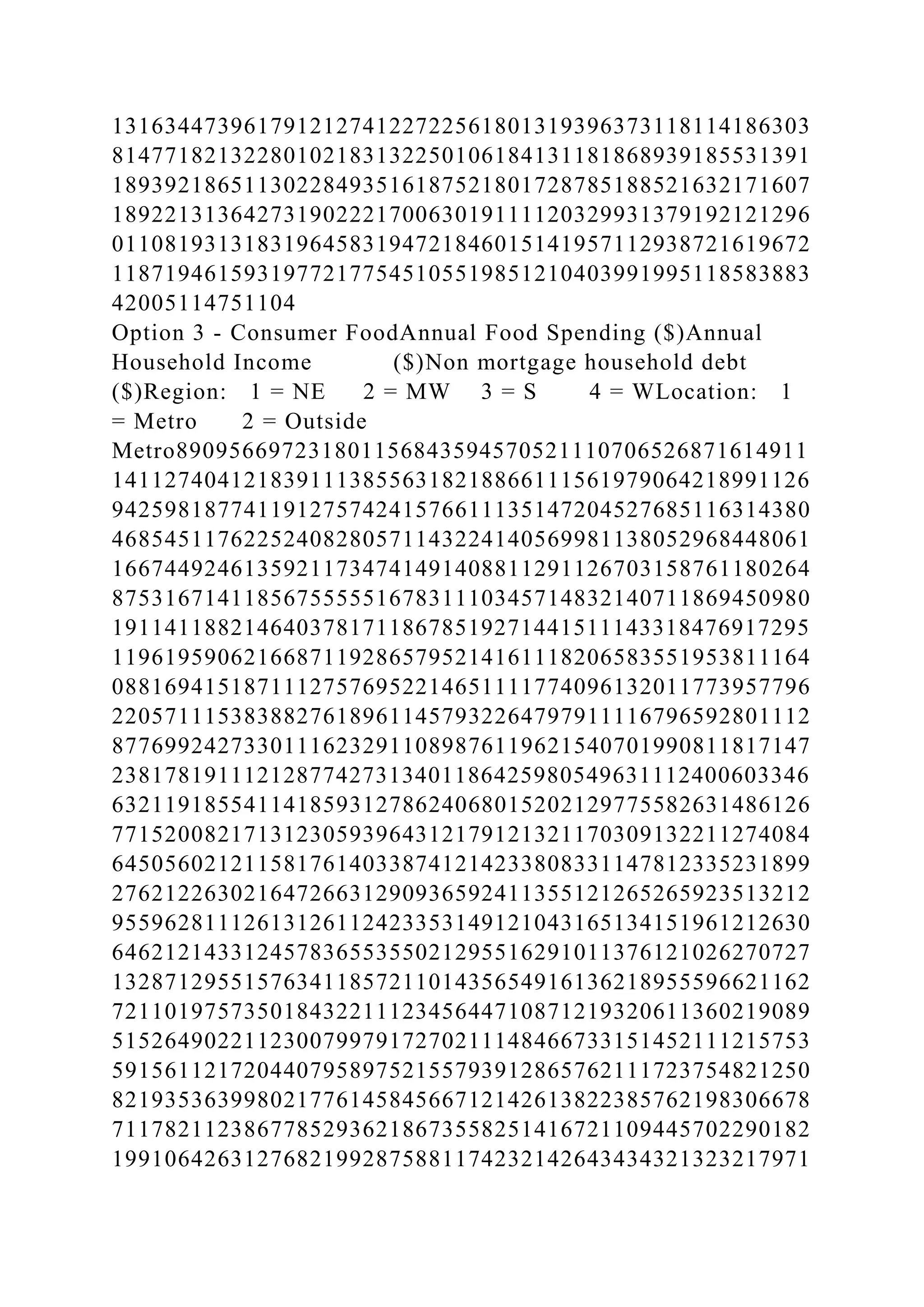13163447396179121274122722561801319396373118114186303
81477182132280102183132250106184131181868939185531391
18939218651130228493516187521801728785188521632171607
18922131364273190222170063019111120329931379192121296
01108193131831964583194721846015141957112938721619672
11871946159319772177545105519851210403991995118583883
42005114751104
Option 3 - Consumer FoodAnnual Food Spending ($)Annual
Household Income ($)Non mortgage household debt
($)Region: 1 = NE 2 = MW 3 = S 4 = WLocation: 1
= Metro 2 = Outside
Metro890956697231801156843594570521110706526871614911
14112740412183911138556318218866111561979064218991126
94259818774119127574241576611135147204527685116314380
46854511762252408280571143224140569981138052968448061
16674492461359211734741491408811291126703158761180264
87531671411856755555167831110345714832140711869450980
19114118821464037817118678519271441511143318476917295
11961959062166871192865795214161118206583551953811164
08816941518711127576952214651111774096132011773957796
22057111538388276189611457932264797911116796592801112
87769924273301116232911089876119621540701990811817147
23817819111212877427313401186425980549631112400603346
63211918554114185931278624068015202129775582631486126
77152008217131230593964312179121321170309132211274084
64505602121158176140338741214233808331147812335231899
27621226302164726631290936592411355121265265923513212
95596281112613126112423353149121043165134151961212630
64621214331245783655355021295516291011376121026270727
13287129551576341185721101435654916136218955596621162
72110197573501843221112345644710871219320611360219089
51526490221123007997917270211148466733151452111215753
59156112172044079589752155793912865762111723754821250
82193536399802177614584566712142613822385762198306678
71178211238677852936218673558251416721109445702290182
19910642631276821992875881174232142643434321323217971
 