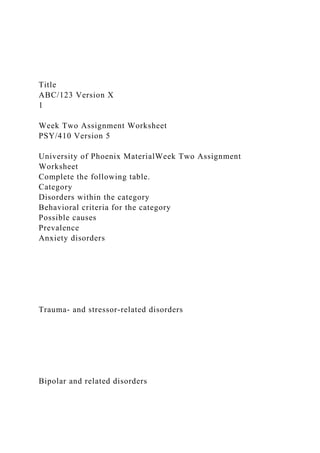 Title
ABC/123 Version X
1
Week Two Assignment Worksheet
PSY/410 Version 5
University of Phoenix MaterialWeek Two Assignment
Worksheet
Complete the following table.
Category
Disorders within the category
Behavioral criteria for the category
Possible causes
Prevalence
Anxiety disorders
Trauma- and stressor-related disorders
Bipolar and related disorders
 