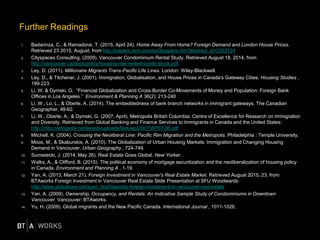 Further Readings
1. Badarinza, C., & Ramadorai, T. (2015, April 24). Home Away From Home? Foreign Demand and London House Prices.
Retrieved 23 2015, August, from http://papers.ssrn.com/sol3/papers.cfm?abstract_id=2353124
2. Cityspaces Consulting. (2009). Vancouver Condominium Rental Study. Retrieved August 18, 2014, from
http://vancouver.ca/docs/policy/housing-role-rented-condo-stock.pdf.
3. Ley, D. (2011). Millionaire Migrants Trans-Pacific Life Lines. London: Wiley-Blackwell.
4. Ley, D., & Titchener, J. (2001). Immigration, Globalisation, and House Prices in Canada's Gateway Cities. Housing Studies ,
199-223.
5. Li, W. & Dymski, G. “Financial Globalization and Cross-Border Co-Movements of Money and Population: Foreign Bank
Offices in Los Angeles.” Environment & Planning A 36(2): 213-240
6. Li, W., Lo, L., & Oberle, A. (2014). The embeddedness of bank branch networks in immigrant gateways. The Canadian
Geographer, 48-62.
7. Li, W., Oberle, A., & Dymski, G. (2007, April). Metropolis British Columbia: Centre of Excellence for Research on Immigration
and Diversity. Retrieved from Global Banking and Finance Services to Immigrants in Canada and the United States:
http://mbc.metropolis.net/assets/uploads/files/wp/2007/WP07-06.pdf
8. Mitchell, K. (2004). Crossing the Neoliberal Line: Pacific Rim Migration and the Metropolis. Philadelphia : Temple University.
9. Moos, M., & Skaburskis, A. (2010). The Globalization of Urban Housing Markets: Immigration and Changing Housing
Demand in Vancouver. Urban Geography , 724-749.
10. Surowiecki, J. (2014, May 26). Real Estate Goes Global. New Yorker .
11. Walks, A., & Clifford, B. (2015). The political economy of mortgage securitization and the neoliberalization of housing policy
in Canada. Environment and Planning A , 1-19.
12. Yan, A. (2013, March 21). Foreign Investment in Vancouver's Real Estate Market. Retrieved August 2015, 23, from
BTAworks Foreign Investment in Vancouver Real Estate Slide Presentation at SFU Woodwards:
http://www.slideshare.net/ayan_bta/btaworks-foreign-investment-in-vancouver-real-estate
13. Yan, A. (2009). Ownership, Occupancy, and Rentals: An Indicative Sample Study of Condominiums in Downtown
Vancouver. Vancouver: BTAworks.
14. Yu, H. (2009). Global migrants and the New Pacific Canada. International Journal , 1011-1026.
 