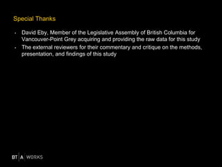 Special Thanks
• David Eby, Member of the Legislative Assembly of British Columbia for
Vancouver-Point Grey acquiring and providing the raw data for this study
• The external reviewers for their commentary and critique on the methods,
presentation, and findings of this study
 
