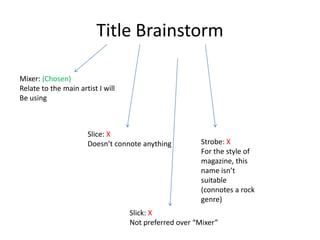 Title Brainstorm

Mixer: (Chosen)
Relate to the main artist I will
Be using



                      Slice: X
                      Doesn’t connote anything         Strobe: X
                                                       For the style of
                                                       magazine, this
                                                       name isn’t
                                                       suitable
                                                       (connotes a rock
                                                       genre)
                                   Slick: X
                                   Not preferred over “Mixer”
 