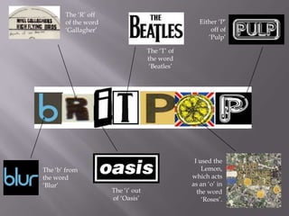 The ‘R’ off
       of the word                                 Either ‘P’
       ‘Gallagher’                                     off of
                                                      ‘Pulp’

                                   The ‘T’ of
                                   the word
                                    ‘Beatles’




                                                 I used the
The ‘b’ from                                        Lemon,
the word                                        which acts
‘Blur’                                          as an ‘o’ in
                     The ‘i’ out                  the word
                     of ‘Oasis’                     ‘Roses’.
 