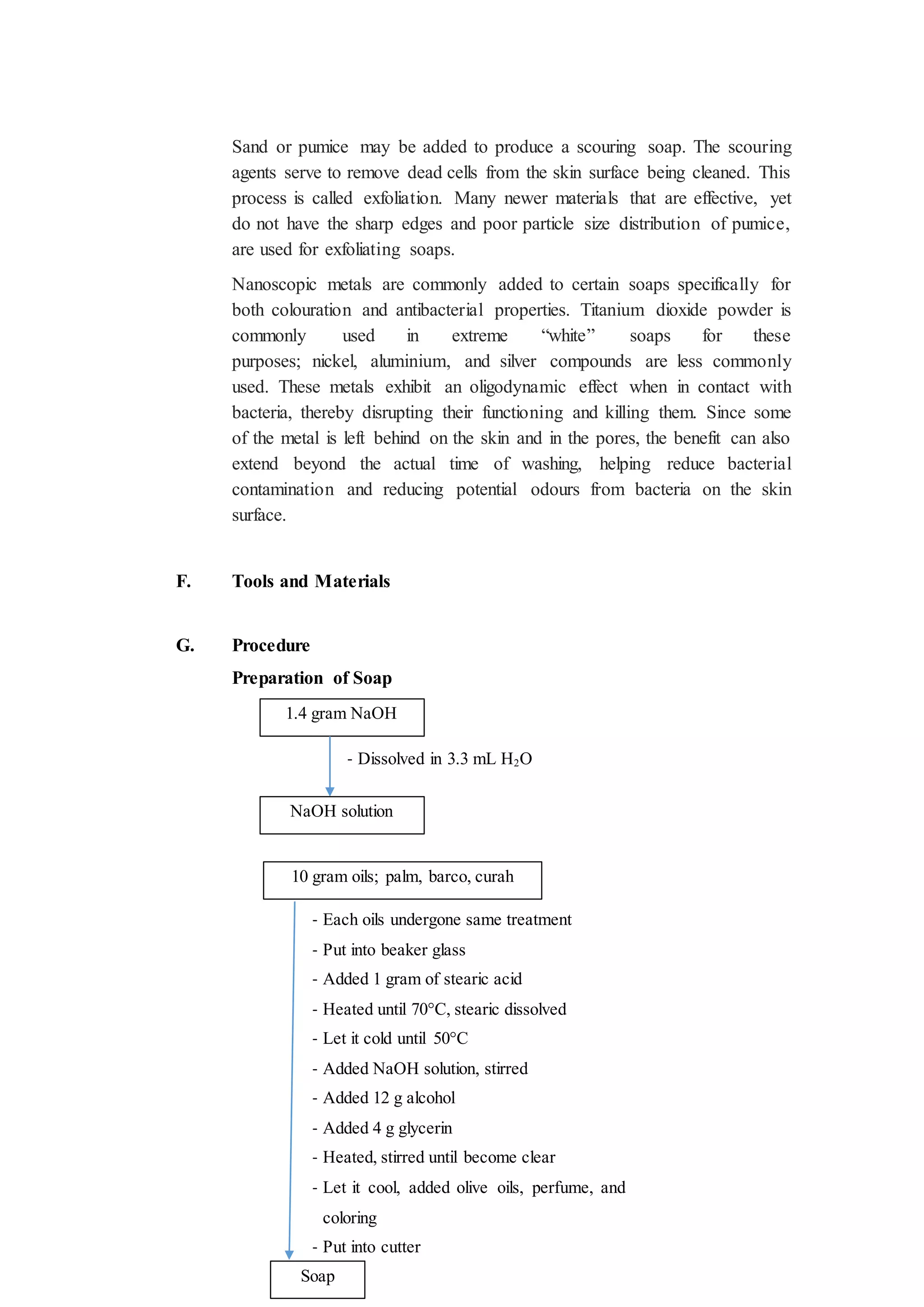 Sand or pumice may be added to produce a scouring soap. The scouring
agents serve to remove dead cells from the skin surface being cleaned. This
process is called exfoliation. Many newer materials that are effective, yet
do not have the sharp edges and poor particle size distribution of pumice,
are used for exfoliating soaps.
Nanoscopic metals are commonly added to certain soaps specifically for
both colouration and antibacterial properties. Titanium dioxide powder is
commonly used in extreme “white” soaps for these
purposes; nickel, aluminium, and silver compounds are less commonly
used. These metals exhibit an oligodynamic effect when in contact with
bacteria, thereby disrupting their functioning and killing them. Since some
of the metal is left behind on the skin and in the pores, the benefit can also
extend beyond the actual time of washing, helping reduce bacterial
contamination and reducing potential odours from bacteria on the skin
surface.
F. Tools and Materials
G. Procedure
Preparation of Soap
1.4 gram NaOH
- Dissolved in 3.3 mL H2O
NaOH solution
10 gram oils; palm, barco, curah
- Each oils undergone same treatment
- Put into beaker glass
- Added 1 gram of stearic acid
- Heated until 70°C, stearic dissolved
- Let it cold until 50°C
- Added NaOH solution, stirred
- Added 12 g alcohol
- Added 4 g glycerin
- Heated, stirred until become clear
- Let it cool, added olive oils, perfume, and
coloring
- Put into cutter
Soap
 