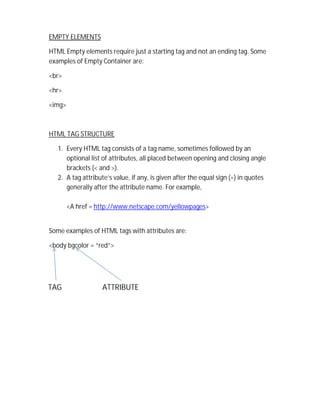 EMPTY ELEMENTS
HTML Empty elements require just a starting tag and not an ending tag. Some
examples of Empty Container are:
<br>
<hr>
<img>
HTML TAG STRUCTURE
1. Every HTML tag consists of a tag name, sometimes followed by an
optional list of attributes, all placed between opening and closing angle
brackets (< and >).
2. A tag attribute’s value, if any, is given after the equal sign (=) in quotes
generally after the attribute name. For example,
<A href = http://www.netscape.com/yellowpages>
Some examples of HTML tags with attributes are:
<body bgcolor = “red”>
TAG ATTRIBUTE
 