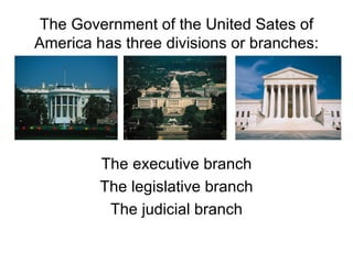 The Government of the United Sates of America has three divisions or branches: The executive branch The legislative branch The judicial branch 