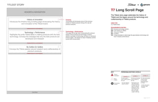 +TITLEIST STORY
T7 Long Scroll Page
The Titleist story page celebrates the history of
Titleist and the legacy around the technology and
craftsmanship of Titleist products.
USED FOR:
4.0 Titleist Story
REQUIREMENTS MATRIX:
R15 Elevate technology section
R20 The science of Titleist
R21 The art of Titleist
R23 Timeline
R42 Unique template to help bridge the gap between technology and
how it impacts performance
HEADER & NAVIGATION
FOOTER
History of Innovation
Introduces the timeline long scrolling page showcasing the history
and innovation of the Titleist brand.
Timeline
The timeline will showcase some of the previous
models of Titleist products linking off to see all
previous products.
PREMIUM PRODUCTS & CRAFTSMANSHIP
Technology + Performance
Highlights the pride Titleist takes in making products with the best
technology. Conveys the message that only the best products are
developed and released.
Technology + Performance
This page will be high level, showcasing the premium
aspect of the products and technology. Product
speciﬁc examples of technology will exist on individual
product pages. This allows for ease of keeping content
current with minimal effort.
PREMIUM PRODUCTS & CRAFTSMANSHIP
By Golfers for Golfers
Conveys the Titleist passion around research and craftsmanship of
premium products.
PREMIUM PRODUCTS & CRAFTSMANSHIP
KEY
Product
Investigator
Brand
Loyalist
Personalized
Content
P
PERSONALIZATION LEVELS
LEVEL 0 LEVEL 1 LEVEL 2
The site doesn't
know anything about
the user.
• The site displays
default content.
The site personalizes
content based on
the visit.
• Retargeting from
entry information.
• Location from the
users IP address.
• Selections made
previously by the
user on the site.
• Previous pages
visited on the site.
The site personalizes
content based
on information
speciﬁcally given
to Titleist.
• Proﬁle information
• My game stats
• Surveys
Page 10 of 13
 
