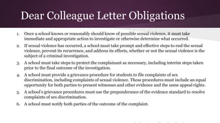 Dear Colleague Letter Obligations
1. Once a school knows or reasonably should know of possible sexual violence, it must take
immediate and appropriate action to investigate or otherwise determine what occurred.
2. If sexual violence has occurred, a school must take prompt and effective steps to end the sexual
violence, prevent its recurrence, and address its effects, whether or not the sexual violence is the
subject of a criminal investigation.
3. A school must take steps to protect the complainant as necessary, including interim steps taken
prior to the final outcome of the investigation.
4. A school must provide a grievance procedure for students to file complaints of sex
discrimination, including complaints of sexual violence. These procedures must include an equal
opportunity for both parties to present witnesses and other evidence and the same appeal rights.
5. A school’s grievance procedures must use the preponderance of the evidence standard to resolve
complaints of sex discrimination.
6. A school must notify both parties of the outcome of the complaint.
 