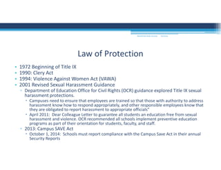 9/2/2016MOUNTAIN VIEW COLLEGE
• 1972 Beginning of Title IX
• 1990: Clery Act
• 1994: Violence Against Women Act (VAWA)
• 2001 Revised Sexual Harassment Guidance
▫ Department of Education Office for Civil Rights (OCR) guidance explored Title IX sexual 
harassment protections. 
 Campuses need to ensure that employees are trained so that those with authority to address 
harassment know how to respond appropriately, and other responsible employees know that 
they are obligated to report harassment to appropriate officials”
 April 2011:  Dear Colleague Letter to guarantee all students an education free from sexual 
harassment and violence. OCR recommended all schools implement preventive education 
programs as part of their orientation for students, faculty, and staff.
▫ 2013: Campus SAVE Act
 October 1, 2014:  Schools must report compliance with the Campus Save Act in their annual 
Security Reports
Law of Protection
 