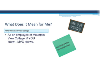 • As an employee of Mountain
View College, if YOU
know…MVC knows.
YOU=Mountain View College
What Does It Mean for Me?
MOUNTAIN VIEW COLLEGE 9/2/2016
 