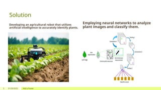 3 01/20/2025 Add a footer
Solution
Developing an agricultural robot that utilizes
artificial intelligence to accurately identify plants.
Employing neural networks to analyze
plant images and classify them.
 