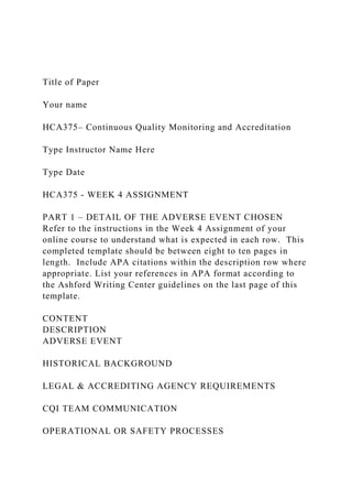 Title of Paper
Your name
HCA375– Continuous Quality Monitoring and Accreditation
Type Instructor Name Here
Type Date
HCA375 - WEEK 4 ASSIGNMENT
PART 1 – DETAIL OF THE ADVERSE EVENT CHOSEN
Refer to the instructions in the Week 4 Assignment of your
online course to understand what is expected in each row. This
completed template should be between eight to ten pages in
length. Include APA citations within the description row where
appropriate. List your references in APA format according to
the Ashford Writing Center guidelines on the last page of this
template.
CONTENT
DESCRIPTION
ADVERSE EVENT
HISTORICAL BACKGROUND
LEGAL & ACCREDITING AGENCY REQUIREMENTS
CQI TEAM COMMUNICATION
OPERATIONAL OR SAFETY PROCESSES
 