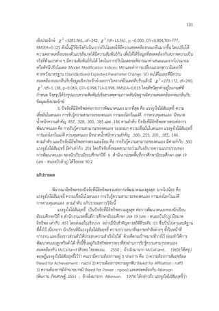 105
เชิงประจักษ= 2
χ =3281.861, df=242, 2
χ /df=13.561, p =0.000, CFI=0.804,TLI=777,
RMSEA=0.125 ดังนั้นผู3วิจัยจึงดําเนินการปรับโมเดลให3มีความสอดคล3องกลมกลืนมากขึ้น โดยปรับให3
ความคลาดเคลื่อนของตัวแปรสังเกตได3มีความสัมพันธ=กัน เพื่อให3ได3ข3อมูลที่สอดคล3องกับสภาพความเปน
จริงที่ตัวแปรตาง ๆ มีความสัมพันธ=กันได3 โดยในการปรับโมเดลจะพิจารณาคาเสนอแนะจากโปรแกรม
หรือดัชนีปรับโมเดล (Model Modification Indices: MI) และคาการเปลี่ยนแปลงพารามิเตอร=ที่
คาดหวังมาตรฐาน (Standardized Expected Parameter Change: SE) จนได3โมเดลที่มีความ
สอดคล3องกลมกลืนกับข3อมูลเชิงประจักษ= ผลการวิเคราะห=โมเดลที่ปรับแล3วมี 2
χ =273.172, df=240,
2
χ /df=1.138, p=0.069, CFI=0.998,TLI=0.998, RMSEA=0.013 โดยดัชนีทุกคาอยูในเกณฑ=ที่
กําหนด จึงสรุปได3วารูปแบบความสัมพันธ=เชิงสาเหตุตามภาวะสันนิษฐานมีความสอดคล3องกลมกลืนกับ
ข3อมูลเชิงประจักษ=
3. ปจจัยที่มีอิทธิพลตอการการพัฒนาตนเอง มากที่สุด คือ แรงจูงใจใฝCสัมฤทธิ์ ความ
เชื่อมั่นในตนเอง การรับรู3ความสามารถของตนเอง การมองโลกในแงดี การควบคุมตนเอง มีขนาด
น้ําหนักความสําคัญ .457, .328, .300, .185 และ .146 ตามลําดับ ปจจัยที่มีอิทธิพลทางตรงตอการ
พัฒนาตนเอง คือ การรับรู3ความสามารถของตนเอง รองลงมา ความเชื่อมั่นในตนเอง แรงจูงใจใฝCสัมฤทธิ์
การมองโลกในแงดี ควบคุมตนเอง มีขนาดน้ําหนักความสําคัญ .300, .255, .201, .185, .146
ตามลําดับ และปจจัยมีอิทธิพลทางตรงและอ3อม คือ การรับรู3ความสามารถของตนเอง มีคาเทากับ .300
แรงจูงใจใฝCสัมฤทธิ์ มีคาเทากับ .201 โดยปจจัยทั้งหมดสามารถรวมกันอธิบายความแปรปรวนของ
การพัฒนาตนเอง ของนักเรียนมัธยมศึกษาป#ที่ 6 สํานักงานเขตพื้นที่การศึกษามัธยมศึกษา เขต 19
(เลย - หนองบัวลําภู) ได3ร3อยละ 90.2
อภิปรายผล
พิจารณาอิทธิพลของปจจัยที่มีอิทธิพลรวมตอการพัฒนาตนเองสูงสุด มากไปน3อย คือ
แรงจูงใจใฝCสัมฤทธิ์ ความเชื่อมั่นในตนเอง การรับรู3ความสามารถของตนเอง การมองโลกในแงดี
การควบคุมตนเอง ตามลําดับ อภิปรายผลการวิจัยนี้
แรงจูงใจใฝCสัมฤทธิ์ เปนปจจัยที่มีอิทธิพลรวมสูงสุด ตอการพัฒนาตนเองของนักเรียน
มัธยมศึกษาป#ที่ 6 สํานักงานเขตพื้นที่การศึกษามัธยมศึกษา เขต 19 (เลย - หนองบัวลําภู) มีขนาด
อิทธิพล เทากับ .457 โดยสงผลในเชิงบวก อยางมีนัยสําคัญทางสถิติที่ระดับ .01 ซึ่งเปนไปตามสมติฐาน
ที่ตั้งไว3 เนื่องจาก นักเรียนที่มีแรงจูงใจใฝCสัมฤทธิ์ ความปรารถนาที่จะกระทําสิ่งตางๆ ทั้งในหน3าที่
การงาน และเรื่องราวสวนตัวให3ประสบความสําเร็จไปได3 ด3วยดีตามเปUาหมายที่วางไว3 ยอมทําให3การ
พัฒนาตนเองสูงหรือต่ําได3 ทั้งนี้ขึ้นอยูกับอิทธิพลทางตรงที่สงผานการรับรู3ความสามารถตนเอง
สอดคล3องกับ McCelland (ศิวพร ไชยพยอม. 2550 ; อ3างอิงมาจาก McCelland. 1969) ได3สรุป
ทฤษฎีแรงจูงใจใฝCสัมฤทธิ์ไว3วา คนเรามีความต3องการอยู 3 ประการ คือ 1) ความต3องการสัมฤทธิผล
(Need for Achievement : nach) 2) ความต3องการความผูกพัน (Need for Affiliation : naff)
3) ความต3องการมีอํานาจบารมี (Need for Power : npow) และสอดคล3องกับ Atkinson
(พินกาน ภัทเศรษฐ=. 2551 ; อ3างอิงมาจาก Atkinson. 1974) ได3กลาวถึง แรงจูงใจใฝCสัมฤทธิ์วา
 