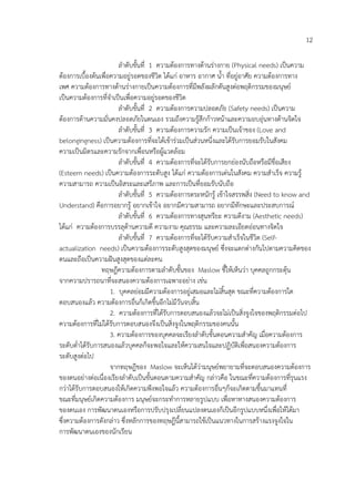 12
ลําดับขั้นที่ 1 ความตองการทางดานร%างกาย (Physical needs) เปHนความ
ตองการเบื้องตนเพื่อความอยู%รอดของชีวิต ไดแก% อาหาร อากาศ น้ํา ที่อยู%อาศัย ความตองการทาง
เพศ ความตองการทางดานร%างกายเปHนความตองการที่มีพลังผลักดันสูงต%อพฤติกรรมของมนุษย4
เปHนความตองการที่จําเปHนเพื่อความอยู%รอดของชีวิต
ลําดับขั้นที่ 2 ความตองการความปลอดภัย (Safety needs) เปHนความ
ตองการดานความมั่นคงปลอดภัยในตนเอง รวมถึงความรูสึกกาวหนาและความอบอุ%นทางดานจิตใจ
ลําดับขั้นที่ 3 ความตองการความรัก ความเปHนเจาของ (Love and
belongingness) เปHนความตองการที่จะไดเขาร%วมเปHนส%วนหนึ่งและไดรับการยอมรับในสังคม
ความเปHนมิตรและความรักจากเพื่อนหรือผูแวดลอม
ลําดับขั้นที่ 4 ความตองการที่จะไดรับการยกย%องนับถือหรือมีชื่อเสียง
(Esteem needs) เปHนความตองการระดับสูง ไดแก% ความตองการเด%นในสังคม ความสําเร็จ ความรู
ความสามารถ ความเปHนอิสระและเสรีภาพ และการเปHนที่ยอมรับนับถือ
ลําดับขั้นที่ 5 ความตองการตระหนักรู เขาใจสรรพสิ่ง (Need to know and
Understand) คือการอยากรู อยากเขาใจ อยากมีความสามารถ อยากมีทักษะและประสบการณ4
ลําดับขั้นที่ 6 ความตองการทางสุนทรียะ ความดีงาม (Aesthetic needs)
ไดแก% ความตองการบรรลุดานความดี ความงาม คุณธรรม และความละเอียดอ%อนทางจิตใจ
ลําดับขั้นที่ 7 ความตองการที่จะไดรับความสําเร็จในชีวิต (Self-
actualization needs) เปHนความตองการระดับสูงสุดของมนุษย4 ซึ่งจะแตกต%างกันไปตามความคิดของ
ตนและถือเปHนความฝ6นสูงสุดของแต%ละคน
ทฤษฎีความตองการตามลําดับขั้นของ Maslow ชี้ใหเห็นว%า บุคคลถูกกระตุน
จากความปรารถนาที่จะสนองความตองการเฉพาะอย%าง เช%น
1. บุคคลย%อมมีความตองการอยู%เสมอและไม%สิ้นสุด ขณะที่ความตองการใด
ตอบสนองแลว ความตองการอื่นก็เกิดขึ้นอีกไม%มีวันจบสิ้น
2. ความตองการที่ไดรับการตอบสนองแลวจะไม%เปHนสิ่งจูงใจของพฤติกรรมต%อไป
ความตองการที่ไม%ไดรับการตอบสนองจึงเปHนสิ่งจูงในพฤติกรรมของคนนั้น
3. ความตองการของบุคคลจะเรียงลําดับขั้นตอนความสําคัญ เมื่อความตองการ
ระดับต่ําไดรับการสนองแลวบุคคลก็จะพอใจและใหความสนใจและปฏิบัติเพื่อสนองความตองการ
ระดับสูงต%อไป
จากทฤษฎีของ Maslow จะเห็นไดว%ามนุษย4พยายามที่จะตอบสนองความตองการ
ของตนอย%างต%อเนื่องเรียงลําดับเปHนขั้นตอนตามความสําคัญ กล%าวคือ ในขณะที่ความตองการที่รุนแรง
กว%าไดรับการตอบสนองใหเกิดความพึงพอใจแลว ความตองการอื่นๆก็จะเกิดตามขึ้นมาแทนที่
ขณะที่มนุษย4เกิดความตองการ มนุษย4จะกระทําการหลายรูปแบบ เพื่อหาทางสนองความตองการ
ของตนเอง การพัฒนาตนเองหรือการปรับปรุงเปลี่ยนแปลงตนเองก็เปHนอีกรูปแบบหนึ่งเพื่อใหไดมา
ซึ่งความตองการดังกล%าว ซึ่งหลักการของทฤษฎีนี้สามารถใชเปHนแนวทางในการสรางแรงจูงใจใน
การพัฒนาตนเองของนักเรียน
 