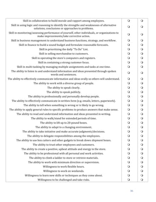  
	
   36	
  
Skill	
  in	
  collaboration	
  to	
  build	
  morale	
  and	
  rapport	
  among	
  employees.	
   m 	
   m 	
  
Skill	
  in	
  using	
  logic	
  and	
  reasoning	
  to	
  identify	
  the	
  strengths	
  and	
  weaknesses	
  of	
  alternative	
  
solutions,	
  conclusions	
  or	
  approaches	
  to	
  problems.	
  
m 	
   m 	
  
Skill	
  in	
  monitoring/assessing	
  performance	
  of	
  yourself,	
  other	
  individuals,	
  or	
  organizations	
  to	
  
make	
  improvements/take	
  corrective	
  action.	
  	
  
m 	
   m 	
  
Skill	
  in	
  business	
  management	
  to	
  understand	
  business	
  functions,	
  strategy,	
  and	
  workflow.	
  	
   m 	
   m 	
  
Skill	
  in	
  finance	
  to	
  build	
  a	
  sound	
  budget	
  and	
  formulate	
  reasonable	
  forecasts.	
  	
   m 	
   m 	
  
Skill	
  in	
  prioritizing	
  the	
  daily	
  "To	
  Do"	
  List.	
  	
   m 	
   m 	
  
Skill	
  in	
  selling	
  merchandise	
  to	
  customers.	
  	
   m 	
   m 	
  
Skill	
  in	
  operating	
  the	
  store's	
  computers	
  and	
  registers.	
  	
   m 	
   m 	
  
Skill	
  in	
  containing	
  a	
  strong	
  customer	
  focus.	
  	
   m 	
   m 	
  
Skill	
  in	
  multi-­‐tasking	
  by	
  managing	
  multiple	
  assignments	
  and	
  tasks	
  at	
  one	
  time.	
   m 	
   m 	
  
The	
  ability	
  to	
  listen	
  to	
  and	
  understand	
  information	
  and	
  ideas	
  presented	
  through	
  spoken	
  
words	
  and	
  sentences.	
  	
  
m 	
   m 	
  
The	
  ability	
  to	
  effectively	
  communicate	
  information	
  and	
  ideas	
  orally	
  so	
  others	
  will	
  understand.	
  	
   m 	
   m 	
  
The	
  ability	
  to	
  work	
  with	
  a	
  diverse	
  group	
  of	
  people.	
  	
   m 	
   m 	
  
The	
  ability	
  to	
  speak	
  clearly.	
  	
   m 	
   m 	
  
The	
  ability	
  to	
  speak	
  publicly.	
  	
   m 	
   m 	
  
The	
  ability	
  to	
  professionally	
  and	
  personally	
  develop	
  people.	
   m 	
   m 	
  
The	
  ability	
  to	
  effectively	
  communicate	
  in	
  written	
  form	
  (e.g.	
  emails,	
  letters,	
  paperwork).	
  	
   m 	
   m 	
  
The	
  ability	
  to	
  tell	
  when	
  something	
  is	
  wrong	
  or	
  is	
  likely	
  to	
  go	
  wrong.	
  	
   m 	
   m 	
  
The	
  ability	
  to	
  apply	
  general	
  rules	
  to	
  specific	
  problems	
  to	
  produce	
  answers	
  that	
  make	
  sense.	
  	
   m 	
   m 	
  
The	
  ability	
  to	
  read	
  and	
  understand	
  information	
  and	
  ideas	
  presented	
  in	
  writing.	
  	
   m 	
   m 	
  
The	
  ability	
  to	
  walk/stand	
  for	
  extended	
  periods	
  of	
  time.	
  	
   m 	
   m 	
  
The	
  ability	
  to	
  lift	
  up	
  to	
  20-­‐pound	
  boxes.	
  	
   m 	
   m 	
  
The	
  ability	
  to	
  adapt	
  to	
  a	
  changing	
  environment.	
  	
   m 	
   m 	
  
The	
  ability	
  to	
  take	
  initiative	
  and	
  make	
  accurate	
  judgments/decisions.	
  	
   m 	
   m 	
  
The	
  ability	
  to	
  delegate	
  responsibilities	
  among	
  the	
  employees.	
  	
   m 	
   m 	
  
The	
  ability	
  to	
  use	
  box	
  cutters	
  and	
  other	
  gadgets	
  to	
  break	
  down	
  shipment	
  boxes.	
  	
   m 	
   m 	
  
The	
  ability	
  to	
  trust	
  other	
  employees	
  and	
  customers.	
   m 	
   m 	
  
The	
  ability	
  to	
  create	
  a	
  positive,	
  upbeat	
  attitude	
  and	
  energy	
  in	
  the	
  store.	
  	
   m 	
   m 	
  
The	
  ability	
  to	
  be	
  professional	
  with	
  all	
  personal	
  and	
  work	
  activities.	
  	
   m 	
   m 	
  
The	
  ability	
  to	
  climb	
  a	
  ladder	
  to	
  store	
  or	
  retrieve	
  materials.	
  	
   m 	
   m 	
  
The	
  ability	
  to	
  work	
  with	
  minimum	
  direction	
  or	
  supervision.	
  	
   m 	
   m 	
  
Willingness	
  to	
  work	
  flexible	
  hours.	
  	
   m 	
   m 	
  
Willingness	
  to	
  work	
  on	
  weekends.	
   m 	
   m 	
  
Willingness	
  to	
  learn	
  new	
  skills	
  or	
  techniques	
  as	
  they	
  come	
  about.	
  	
   m 	
   m 	
  
Willingness	
  to	
  be	
  challenged	
  and	
  take	
  risks.	
  	
   m 	
   m 	
  
 