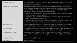 Proposed Title No. 2 “INSTRUCTIONAL VIDEOS AS SUPPLEMENTARY RESOURCES TO IMPROVE STUDENTS’
MATHEMATICS PROFICIENCY”
Statem...