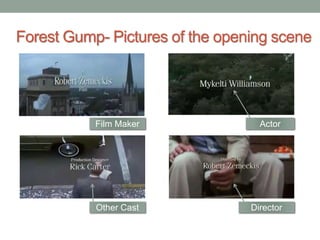 Forest Gump- Pictures of the opening scene
Director
Actor
Other Cast
Film Maker
 