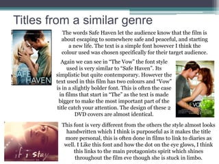 Titles from a similar genre
The words Safe Haven let the audience know that the film is
about escaping to somewhere safe and peaceful, and starting
a new life. The text is a simple font however I think the
colour used was chosen specifically for their target audience.
Again we can see in “The Vow” the font style
used is very similar to “Safe Haven”. Its
simplistic but quite contemporary. However the
text used in this film has two colours and “Vow”
is in a slightly bolder font. This is often the case
in films that start in “The” as the text is made
bigger to make the most important part of the
title catch your attention. The design of these 2
DVD covers are almost identical.
This font is very different from the others the style almost looks
handwritten which I think is purposeful as it makes the title
more personal, this is often done in films to link to diaries as
well. I Like this font and how the dot on the eye glows, I think
this links to the main protagonists spirit which shines
throughout the film eve though she is stuck in limbo.
 