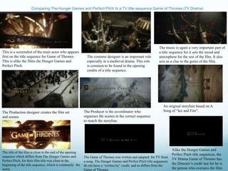 Comparing The Hunger Games and Perfect Pitch to a TV title sequence Game of Thrones (TV Drama)
This is a screenshot of the main actor who appears
first on the title sequence for Game of Thrones.
This is alike the films the Hunger Games and
Perfect Pitch.
The costume designer is an important role
especially in a medieval drama. This role
is common to be found in the opening
credits of a title sequence.
The music is again a very important part of
a title sequence for it sets the mood and
atmosphere for the rest of the film. It also
acts as a clue to the genre of the film.
The Production designer creates the film set
and scenes.
The Producer is the co-ordinator who
organises the scenes in the correct sequence
to match the storyline.
An original storyline based on A
Song of “Ice and Fire”.
The title of the film is close to the end of the opening
sequence which differs from The Hunger Games and
Perfect Pitch, for their film title was close to the
beginning of the title sequence, which is commonly the
norm.
The Game of Thrones was written and adapted for TV from
a song. The Hunger Games and Perfect Pitch title sequences
do not have a “written by” credit and so differs from the
Game of Thrones.
Alike the Hunger Games and
Perfect Pitch title sequences, the
TV Drama Game of Thrones has
the Director’s credit last for he is
the person who oversees the film.
 