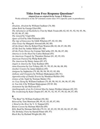 1


                Titles from Free Response Questions*
                   Adapted from an original list by Norma J. Wilkerson.
   Works referred to on the AP Literature exams since 1971 (specific years in parentheses).

A
Absalom, Absalom by William Faulkner (76, 00)
Adam Bede by George Eliot (06)
The Adventures of Huckleberry Finn by Mark Twain (80, 82, 85, 91, 92, 94, 95, 96,
99, 05, 06, 07, 08)
The Aeneid by Virgil (06)
Agnes of God by John Pielmeier (00)
The Age of Innocence by Edith Wharton (97, 02, 03, 08)
Alias Grace by Margaret Atwood (00, 04, 08)
All the King's Men by Robert Penn Warren (00, 02, 04, 07, 08, 09)
All My Sons by Arthur Miller (85, 90)
All the Pretty Horses by Cormac McCarthy (95, 96, 06, 07, 08)
America is in the Heart by Carlos Bulosan (95)
An American Tragedy by Theodore Dreiser (81, 82, 95, 03)
American Pastoral by Philip Roth (09)
The American by Henry James (05, 07)
Angels in America by Tony Kushner (09)
Anna Karenina by Leo Tolstoy (80, 91, 99, 03, 04, 06, 08, 09)
Another Country by James Baldwin (95)
Antigone by Sophocles (79, 80, 90, 94, 99, 03, 05, 09)
Anthony and Cleopatra by William Shakespeare (80, 91)
Apprenticeship of Duddy Kravitz by Mordecai Richler (94)
Armies of the Night by Norman Mailer (76)
As I Lay Dying by William Faulkner (78, 89, 90, 94, 01, 04, 06, 07, 09)
As You Like It by William Shakespeare (92 05. 06)
Atonement by Ian McEwan (07)
Autobiography of an Ex-Colored Man by James Weldon Johnson (02, 05)
The Awakening by Kate Chopin (87, 88, 91, 92, 95, 97, 99, 02, 04, 07, 09)

B
"The Bear" by William Faulkner (94, 06)
Beloved by Toni Morrison (90, 99, 01, 03, 05, 07, 09)
A Bend in the River by V. S. Naipaul (03)
Benito Cereno by Herman Melville (89)
Billy Budd by Herman Melville (79, 81, 82, 83, 85, 99, 02, 04, 05, 07, 08)
The Birthday Party by Harold Pinter (89, 97)
Black Boy by Richard Wright (06, 08)
 
