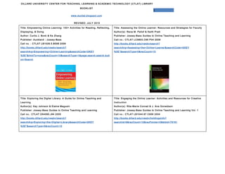 DILLARD UNIVERSITY CENTER FOR TEACHING, LEARNING & ACADEMIC TECHNOLOGY (CTLAT) LIBRARY
                                                   BOOKLIST
                                                                                                               1
                                           www.ductlat.blogspot.com


                                             REVISED: JULY 2010

Title: Empowering Online Learning: 100+ Activities for Reading, Reflecting,   Title: Assessing the Online Learner: Resources and Strategies for Faculty
Displaying, & Doing                                                           Author(s): Rena M. Pallof & Keith Pratt
Author: Curtis J. Bonk & Ke Zhang                                             Publisher: Jossey-Bass Guides to Online Teaching and Learning
Publisher: Auckland : Jossey-Bass                                             Call no.: CTLAT LC5803.C65 P34 2009
Call no. : CTLAT LB1028.5.B598 2008                                           http://books.dillard.edu/vwebv/search?
http://books.dillard.edu/vwebv/search?                                        searchArg=Assessing+the+Online+Learner&searchCode=GKEY
searchArg=Empowering+Online+Learning&searchCode=GKEY                          %5E*&searchType=0&recCount=10
%5E*&limitTo=none&recCount=10&searchType=1&page.search.search.butt
on=Search




Title: Exploring the Digital Library: A Guide for Online Teaching and         Title: Engaging the Online Learner: Activities and Resources for Creative
Learning                                                                      Instruction
Author(s): Kay Johnson & Elaine Magusin                                       Author(s): Rita-Marie Conrad & J. Ana Donaldson
Publisher: Jossey-Bass Guides to Online Teaching and Learning                 Publisher: Jossey-Bass Guides to Online Teaching and Learning Vol. 1
Call no.: CTLAT ZA4080.J64 2005                                               Call no.: CTLAT LB1044.87 C658 2004
http://books.dillard.edu/vwebv/search?                                        http://books.dillard.edu/vwebv/holdingsInfo?
searchArg=Exploring+the+Digital+Library&searchCode=GKEY                       searchId=6&recCount=10&recPointer=0&bibId=79161
%5E*&searchType=0&recCount=10
 