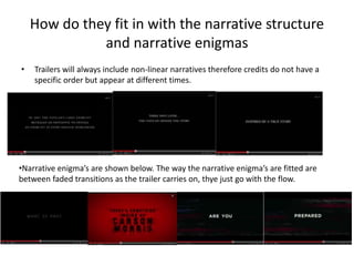 How do they fit in with the narrative structure 
and narrative enigmas 
• Trailers will always include non-linear narratives therefore credits do not have a 
specific order but appear at different times. 
•Narrative enigma’s are shown below. The way the narrative enigma’s are fitted are 
between faded transitions as the trailer carries on, thye just go with the flow. 
 