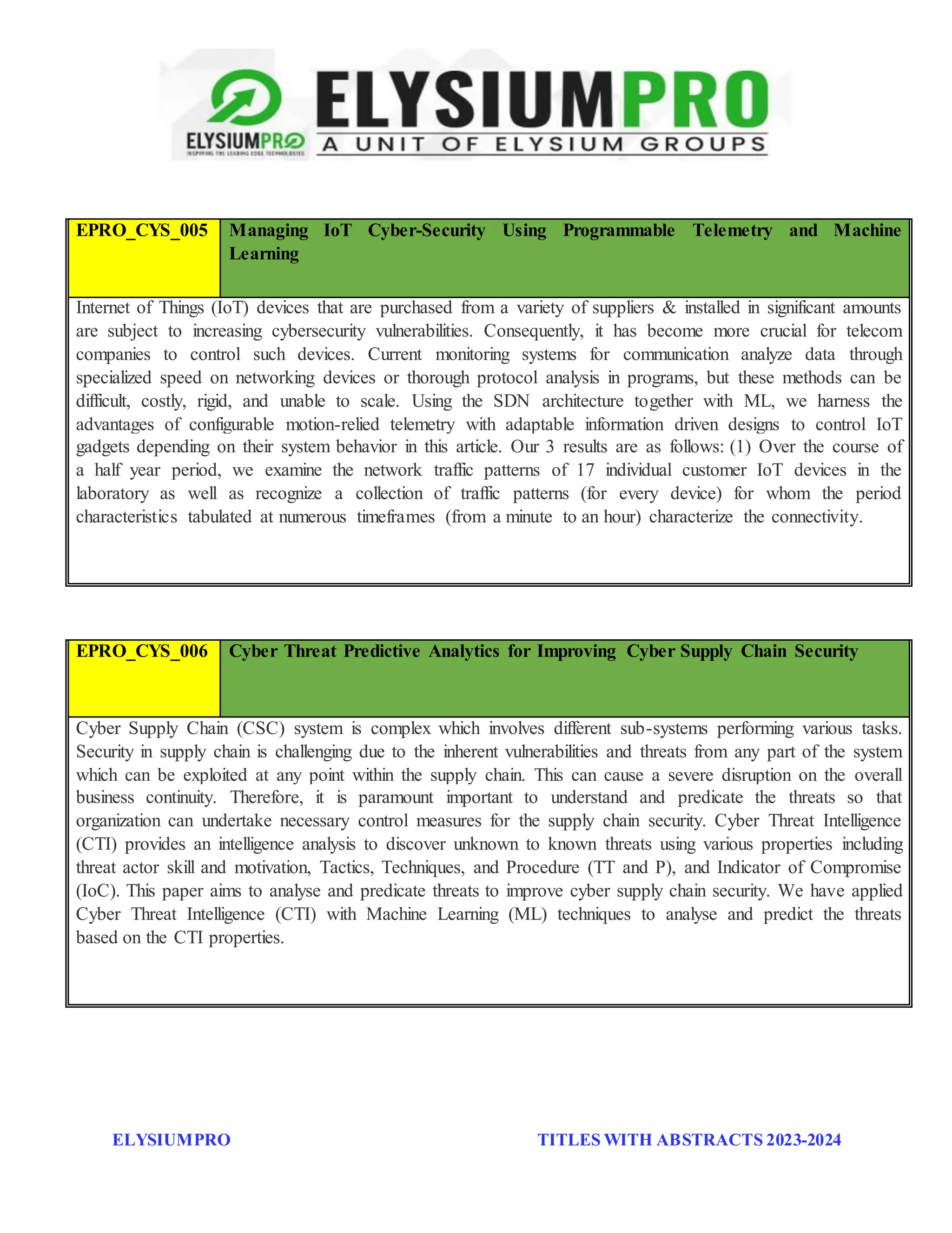 ELYSIUMPRO TITLES WITH ABSTRACTS 2023-2024
EPRO_CYS_005 Managing IoT Cyber-Security Using Programmable Telemetry and Machine
Learning
Internet of Things (IoT) devices that are purchased from a variety of suppliers & installed in significant amounts
are subject to increasing cybersecurity vulnerabilities. Consequently, it has become more crucial for telecom
companies to control such devices. Current monitoring systems for communication analyze data through
specialized speed on networking devices or thorough protocol analysis in programs, but these methods can be
difficult, costly, rigid, and unable to scale. Using the SDN architecture together with ML, we harness the
advantages of configurable motion-relied telemetry with adaptable information driven designs to control IoT
gadgets depending on their system behavior in this article. Our 3 results are as follows: (1) Over the course of
a half year period, we examine the network traffic patterns of 17 individual customer IoT devices in the
laboratory as well as recognize a collection of traffic patterns (for every device) for whom the period
characteristics tabulated at numerous timeframes (from a minute to an hour) characterize the connectivity.
EPRO_CYS_006 Cyber Threat Predictive Analytics for Improving Cyber Supply Chain Security
Cyber Supply Chain (CSC) system is complex which involves different sub-systems performing various tasks.
Security in supply chain is challenging due to the inherent vulnerabilities and threats from any part of the system
which can be exploited at any point within the supply chain. This can cause a severe disruption on the overall
business continuity. Therefore, it is paramount important to understand and predicate the threats so that
organization can undertake necessary control measures for the supply chain security. Cyber Threat Intelligence
(CTI) provides an intelligence analysis to discover unknown to known threats using various properties including
threat actor skill and motivation, Tactics, Techniques, and Procedure (TT and P), and Indicator of Compromise
(IoC). This paper aims to analyse and predicate threats to improve cyber supply chain security. We have applied
Cyber Threat Intelligence (CTI) with Machine Learning (ML) techniques to analyse and predict the threats
based on the CTI properties.
 