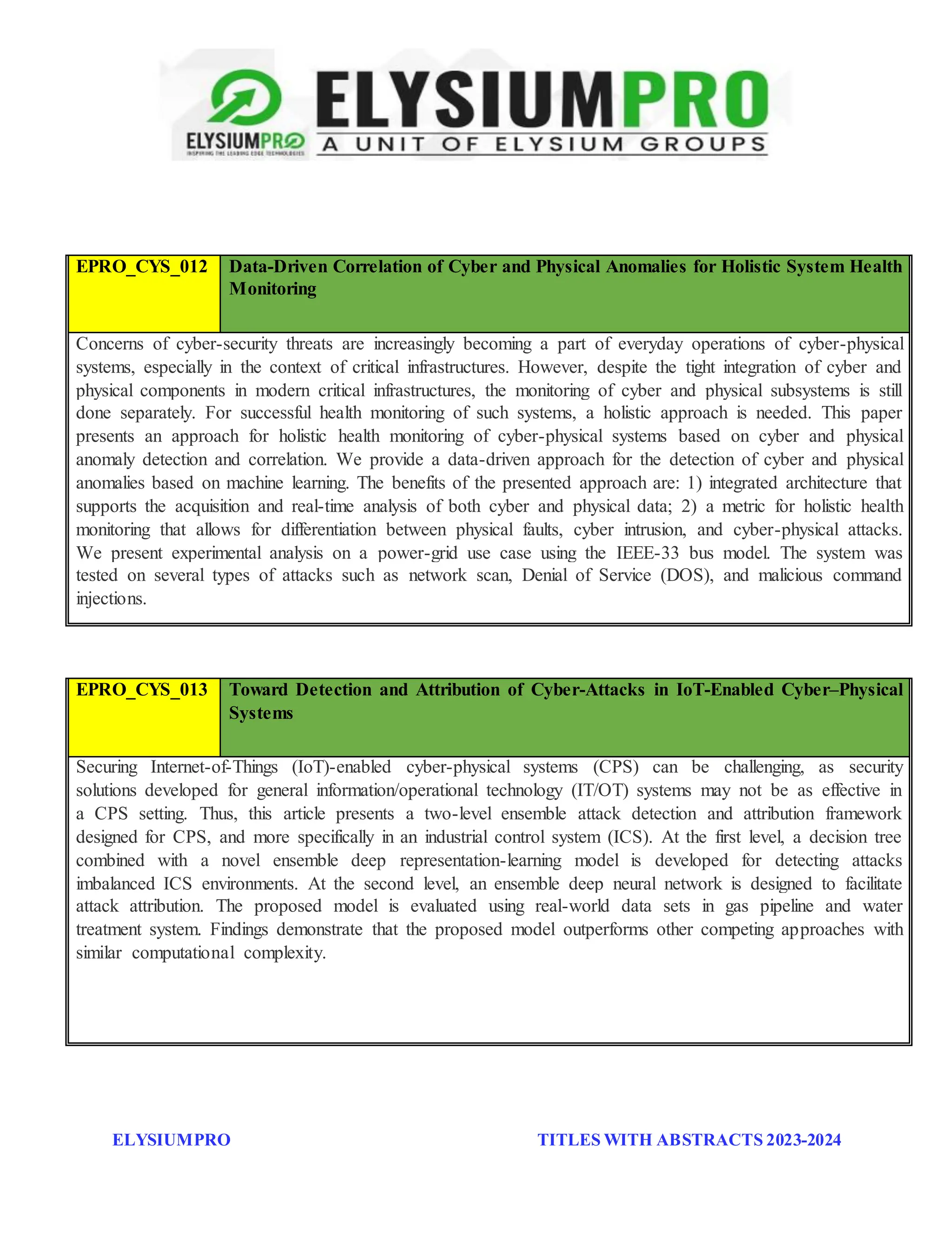 ELYSIUMPRO TITLES WITH ABSTRACTS 2023-2024
EPRO_CYS_012 Data-Driven Correlation of Cyber and Physical Anomalies for Holistic System Health
Monitoring
Concerns of cyber-security threats are increasingly becoming a part of everyday operations of cyber-physical
systems, especially in the context of critical infrastructures. However, despite the tight integration of cyber and
physical components in modern critical infrastructures, the monitoring of cyber and physical subsystems is still
done separately. For successful health monitoring of such systems, a holistic approach is needed. This paper
presents an approach for holistic health monitoring of cyber-physical systems based on cyber and physical
anomaly detection and correlation. We provide a data-driven approach for the detection of cyber and physical
anomalies based on machine learning. The benefits of the presented approach are: 1) integrated architecture that
supports the acquisition and real-time analysis of both cyber and physical data; 2) a metric for holistic health
monitoring that allows for differentiation between physical faults, cyber intrusion, and cyber-physical attacks.
We present experimental analysis on a power-grid use case using the IEEE-33 bus model. The system was
tested on several types of attacks such as network scan, Denial of Service (DOS), and malicious command
injections.
EPRO_CYS_013 Toward Detection and Attribution of Cyber-Attacks in IoT-Enabled Cyber–Physical
Systems
Securing Internet-of-Things (IoT)-enabled cyber-physical systems (CPS) can be challenging, as security
solutions developed for general information/operational technology (IT/OT) systems may not be as effective in
a CPS setting. Thus, this article presents a two-level ensemble attack detection and attribution framework
designed for CPS, and more specifically in an industrial control system (ICS). At the first level, a decision tree
combined with a novel ensemble deep representation-learning model is developed for detecting attacks
imbalanced ICS environments. At the second level, an ensemble deep neural network is designed to facilitate
attack attribution. The proposed model is evaluated using real-world data sets in gas pipeline and water
treatment system. Findings demonstrate that the proposed model outperforms other competing approaches with
similar computational complexity.
 