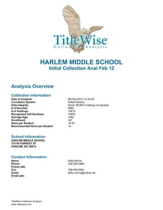 HARLEM MIDDLE SCHOOL
                                Initial Collection Anal Feb 12


Analysis Overview
Collection Information
Date of Analysis:                       08-Feb-2012 12:34:59
Circulation System:                     Follett Destiny
Data Integrity:                         Good: 98.92% holdings recognized
# of Records:                           9584
# of Holdings:                          10810
Recognized Call Numbers:                10693
Average Age:                            1994
Enrollment:                             547
Items per Student:                      19.55
Recommended Items per Student           10



School Information
HARLEM MIDDLE SCHOOL
375 W FORREST ST
HARLEM, GA 30814



Contact Information
Name:                                   Dolly Morris
Phone:                                  706-556-5990
Phone (alt):
Fax:                                    706-556-5961
Email:                                  dolly.morris@ccboe.net
Email (alt):




TitleWise Collection Analysis
www.titlewave.com
 