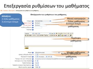 Επεξεργασία ρυθμίσεων του μαθήματος Μενού κατηγοριών Τίτλος μαθήματος Σύντομο όνομα μαθήματος Περίληψη μαθήματος Μορφή μαθήματος Αλλάζετε : τίτλο μαθήματος σύντομο όνομα Αριθμός εβδομάδων  μαθήματος 