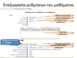 Επεξεργασία ρυθμίσεων του μαθήματος Μενού κατηγοριών Τίτλος μαθήματος Σύντομο όνομα μαθήματος Περίληψη μαθήματος Μορφή μαθήματος Αλλάζετε : τη μορφή σε « Μορφή Θεμάτων » Αριθμός εβδομάδων  μαθήματος 