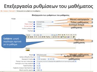 Επεξεργασία ρυθμίσεων του μαθήματος Μενού κατηγοριών Τίτλος μαθήματος Σύντομο όνομα μαθήματος Περίληψη μαθήματος Μορφή μαθήματος Γράφετε : μικρή περίληψη σχετικά με το μάθημα Αριθμός εβδομάδων  μαθήματος 