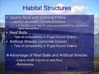 Quarry Rock with Leaning Pillars Known as proven, beneficial habitat Evaluated over last 20 years as successful for animal and plant recruitment Reef Balls Test of compatibility in Puget Sound Waters Artificial Wrecks (concrete boxes) Test of compatibility in Puget Sound Waters Advantage of Reef Balls and Artificial Wrecks: -Leave small imprint on sea floor -Removable  Habitat Structures 
