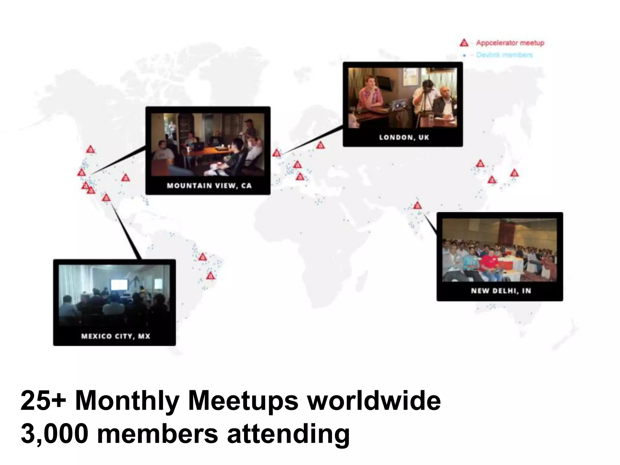 25+ Monthly Meetups worldwide
3,000 members attending
 