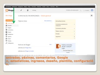 PARTES DO BLOG MÁIS IMPORTANTES:
entradas, páxinas, comentarios, Google
+, estadísticas, ingresos, deseño, plantilla, configuració
n.

 