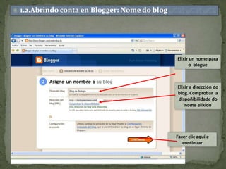 1.2.Abrindo conta en Blogger: Nome do blogElixir un nome para o  blogue Elixir a dirección do blog. Comprobar  a dispoñibilidade do nomeelixidoFacerclic aquí e continuar