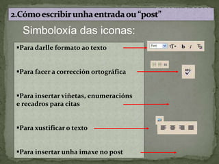 2.Cómo escribir unha entrada ou “post”Simboloxía das iconas:Para darlleformato aotexto