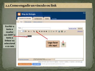 Para insertar unha imaxe no post2.1.Cómo inserir unhaimaxen nun postPode inserir unhaimaxedesde a Web, colocando a enderezo correspondentePode inserir unhaimaxedesde o seuequipoElixir a ubicación da imaxe dentro do postPode regular o tamaño da imaxePara insertar a imaxefacerclick aquí e despois aquí