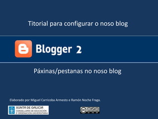 Titorial para configurar o noso blog
Elaborado por Miguel Carricoba Armesto e Ramón Noche Fraga.
2
Páxinas/pestanas no noso blog
 