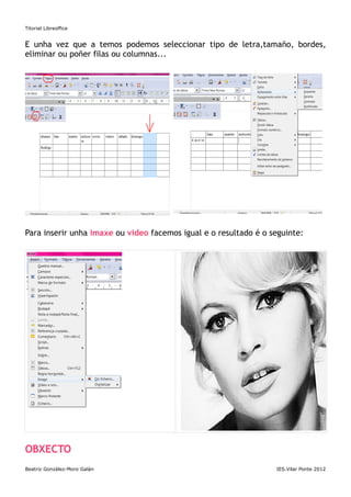Titorial Libreoffice


E unha vez que a temos podemos seleccionar tipo de letra,tamaño, bordes,
eliminar ou poñer filas ou columnas...




Para inserir unha imaxe ou video facemos igual e o resultado é o seguinte:




OBXECTO
Beatriz González-Moro Galán                                       IES.Vilar Ponte 2012
 