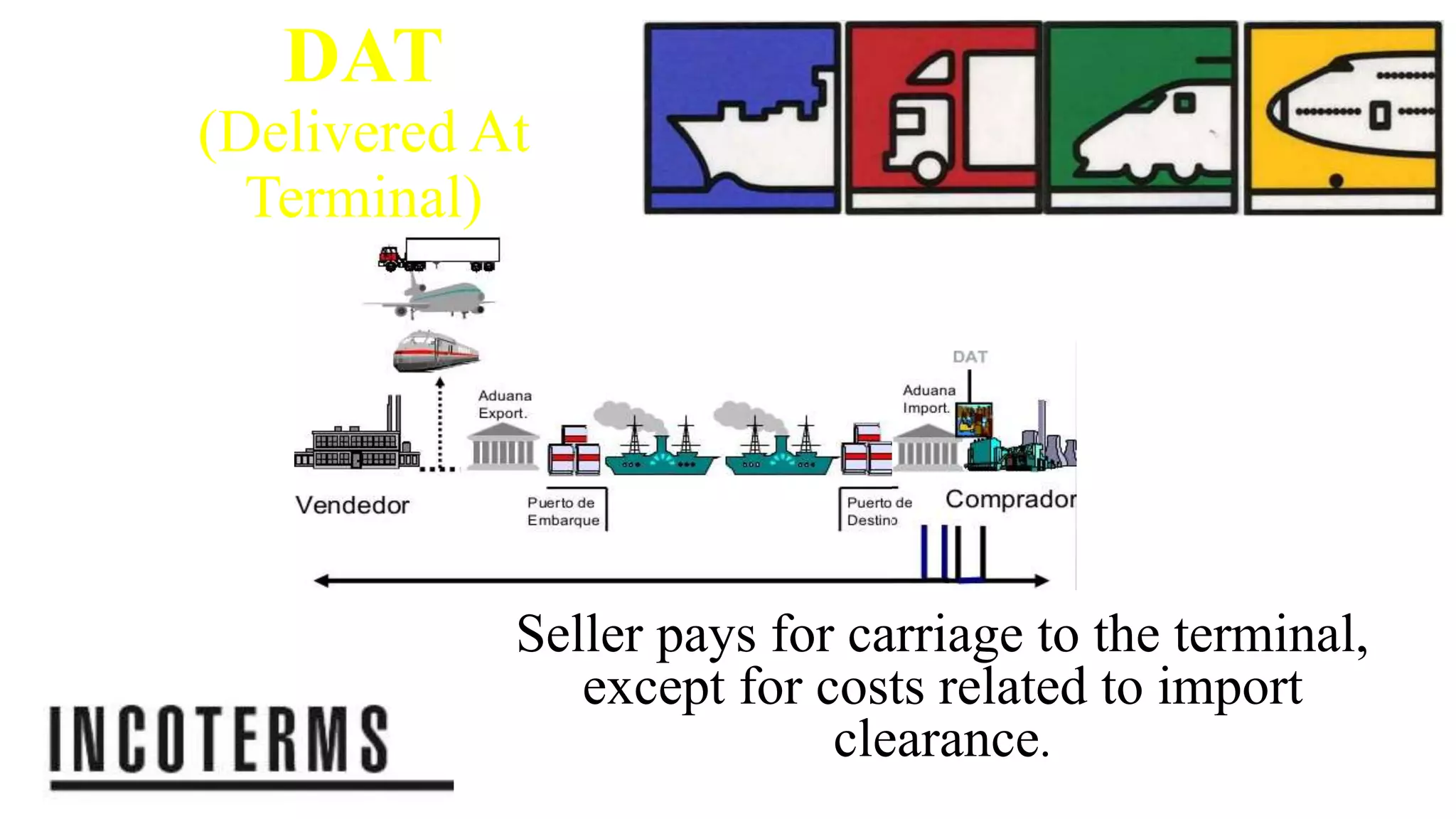 DAT
(Delivered At
Terminal)
Seller pays for carriage to the terminal,
except for costs related to import
clearance.
 