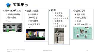 范围细分
• 机房
• 房间布局
• 布局调整
• 建筑与结构建模
• 机电建模
• 设备
• 扫描点云数据
• 资产 BIM标准族
➢暖通空调设备
➢抽水设备
➢……
• 设计与建造
➢布局调整
➢VRV设备
➢机电建模
➢4D物流模拟
➢……
• 会议和文件
➢项目进展
➢BIM工作坊
➢协调
➢每月 BIM 提交……
www.mtech.com.hk 13
TI Tower Case Study of Plannerly and
Dalux - CN
 