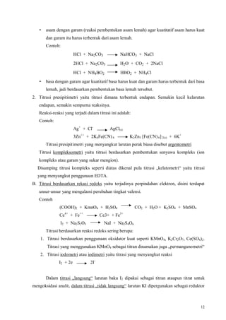 12
• asam dengan garam (reaksi pembentukan asam lemah) agar kuatitatif asam harus kuat
dan garam itu harus terbentuk dari asam lemah.
Contoh:
HCl + Na2CO3 NaHCO3 + NaCl
2HCl + Na2CO3 H2O + CO2 + 2NaCl
HCl + NH4BO2 HBO2 + NH4Cl
• basa dengan garam agar kuatitatif basa harus kuat dan garam harus terbentuk dari basa
lemah, jadi berdasarkan pembentukan basa lemah tersebut.
2. Titrasi presipitimetri yaitu titrasi dimana terbentuk endapan. Semakin kecil kelarutan
endapan, semakin sempurna reaksinya.
Reaksi-reaksi yang terjadi dalam titrasi ini adalah:
Contoh:
Ag+
+ Cl-
AgCl(s)
3Zn++
+ 2K4Fe(CN) 6 K2Zn3 [Fe(CN) 6] 2(s) + 6K+
Titrasi presipitimetri yang menyangkut larutan perak biasa disebut argentometri
Titrasi kompleksometri yaitu titrasi berdasarkan pembentukan senyawa kompleks (ion
kompleks atau garam yang sukar mengion).
Disamping titrasi kompleks seperti diatas dikenal pula titrasi „kelatometri“ yaitu titrasi
yang menyangkut penggunaan EDTA.
B. Titrasi berdasarkan rekasi redoks yaitu terjadinya perpindahan elektron, disini terdapat
unsur-unsur yang mengalami perubahan tingkat valensi.
Contoh
(COOH)2 + KmnO4 + H2SO4 CO2 + H2O + K2SO4 + MnSO4
Ce4+
+ Fe++
Ce3+ + Fe3+
I2 + Na2S2O3 NaI + Na2S4O6
Titrasi berdasarkan reaksi redoks sering berupa:
1. Titrasi berdasarkan penggunaan oksidator kuat seperti KMnO4, K2Cr2O7, Ce(SO4)2.
Titrasi yang menggunakan KMnO4 sebagai titran dinamakan juga „permanganometri“
2. Titrasi iodometri atau iodimetri yaitu titrasi yang menyangkut reaksi
I2 + 2e 2I-
Dalam titrasi „langsung“ larutan baku I2 dipakai sebagai titran ataupun titrat untuk
mengoksidasi analit, dalam titrasi „tidak langsung“ larutan KI dipergunakan sebagai reduktor
 
