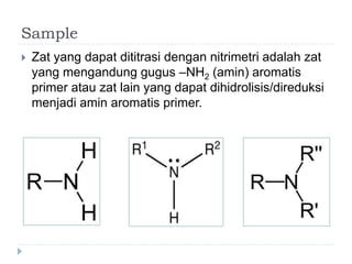 Sample
 Zat yang dapat dititrasi dengan nitrimetri adalah zat
yang mengandung gugus –NH2 (amin) aromatis
primer atau zat lain yang dapat dihidrolisis/direduksi
menjadi amin aromatis primer.
 