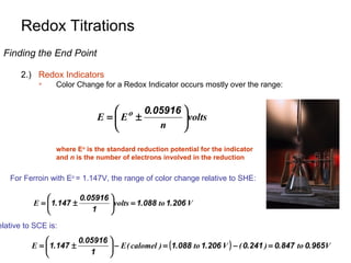Redox Titrations
Finding the End Point
2.) Redox Indicators


Color Change for a Redox Indicator occurs mostly over the range:

0.05916 

E =  Eo ±
volts
n


where Eo is the standard reduction potential for the indicator
and n is the number of electrons involved in the reduction

For Ferroin with Eo = 1.147V, the range of color change relative to SHE:

0.05916 

E =  1.147 ±
volts = 1.088 to 1.206 V
1



elative to SCE is:

0.05916 

E =  1.147 ±
 − E ( calomel ) = ( 1.088 to 1.206 V ) − ( 0.241 ) = 0.847 to 0.965V
1



 