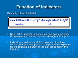 Function of Indicators
Example: phenolphthalein




   Near pH 8, Indicator dissociates and gives red base
    Human eye can detect it as a pink tinge at that pH

   Indicators must be carefully chosen so that their
    colour changes take place at the pH values expected
    for an aqueous solution of the salt produced in the
    titration.
 