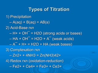 Types of Titration
1) Precipitation
  – A(aq) + B(aq) = AB(s)
2) Acid-Base rxn
  – H+ + OH¯ = H2O (strong acids or bases)
  – HA + OH¯ = H2O + A¯ (weak acids)
  – A¯ + H+ = H2O + HA (weak bases)
3) Complexation rxn
  – Zn2+ + 4NH3 = Zn(NH3)42+
4) Redox rxn (oxidation-reduction)
  – Fe2+ + Ce4+ = Fe3+ + Ce3+
 