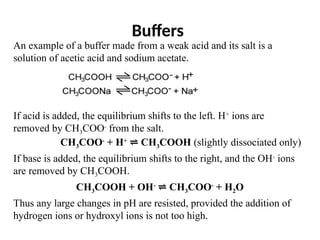 Buffers
An example of a buffer made from a weak acid and its salt is a
solution of acetic acid and sodium acetate.
If acid is added, the equilibrium shifts to the left. H+
ions are
removed by CH3COO-
from the salt.
CH3COO-
+ H+
CH
⇌ 3COOH (slightly dissociated only)
If base is added, the equilibrium shifts to the right, and the OH-
ions
are removed by CH3COOH.
CH3COOH + OH-
CH
⇌ 3COO-
+ H2O
Thus any large changes in pH are resisted, provided the addition of
hydrogen ions or hydroxyl ions is not too high.
 