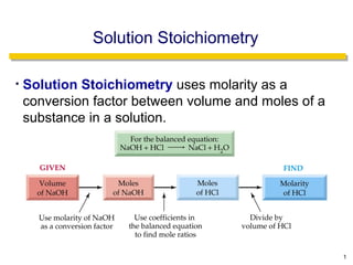 Solution Stoichiometry

•   Solution Stoichiometry uses molarity as a
    conversion factor between volume and moles of a
    substance in a solution.




                                                      1
 