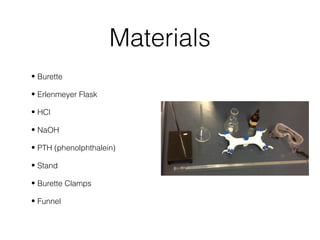 Materials
• Burette
• Erlenmeyer Flask
• HCl
• NaOH
• PTH (phenolphthalein)
• Stand
• Burette Clamps
• Funnel
 