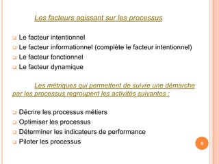 Les facteurs agissant sur les processus

   Le facteur intentionnel
   Le facteur informationnel (complète le facteur intentionnel)
   Le facteur fonctionnel
   Le facteur dynamique

        Les métriques qui permettent de suivre une démarche
par les processus regroupent les activités suivantes :

   Décrire les processus métiers
   Optimiser les processus
   Déterminer les indicateurs de performance
   Piloter les processus                                          6
 